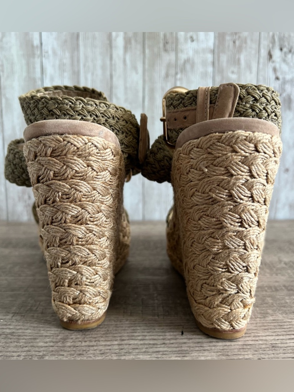 Stuart Weitzman "Alex" Crochet Espadrille Wedge Sandals Green Woven Size 9.5 - Picture 5 of 9